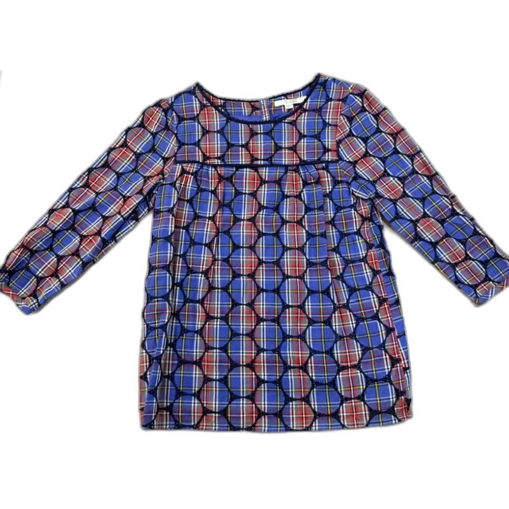 Boden Charlotte Top Size 4 Blue Plaid Polka Dot Eyelet Embroidered Blouse